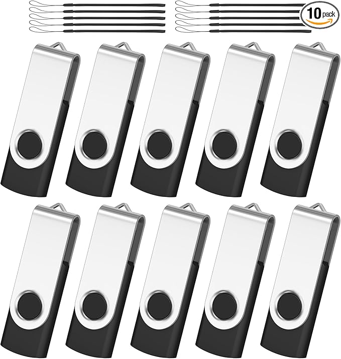 AreTop 10-Pack 16GB Flash Drive Bulk Thumb Drives USB 2.0 Metal Memory Sticks with Lanyard,Portable Keychain Jump Drive Multipack for Date Storage at Home & Office Black