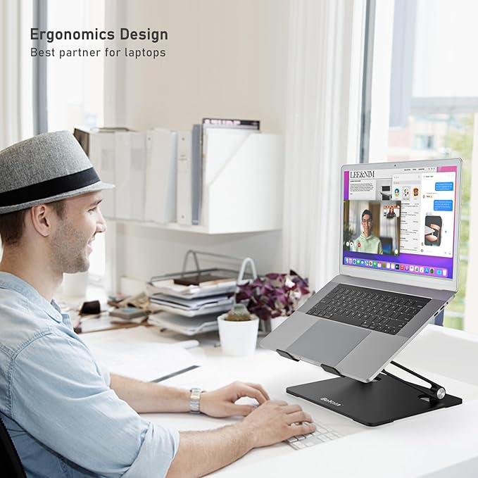 BoYata Laptop Stand, Adjustable Laptop Riser with Slide-Proof Silicone and Protective Hooks, Laptop Stand for Laptop up to 17 Inches, Laptop Holder Compatible for MacBook, Laptop-Black