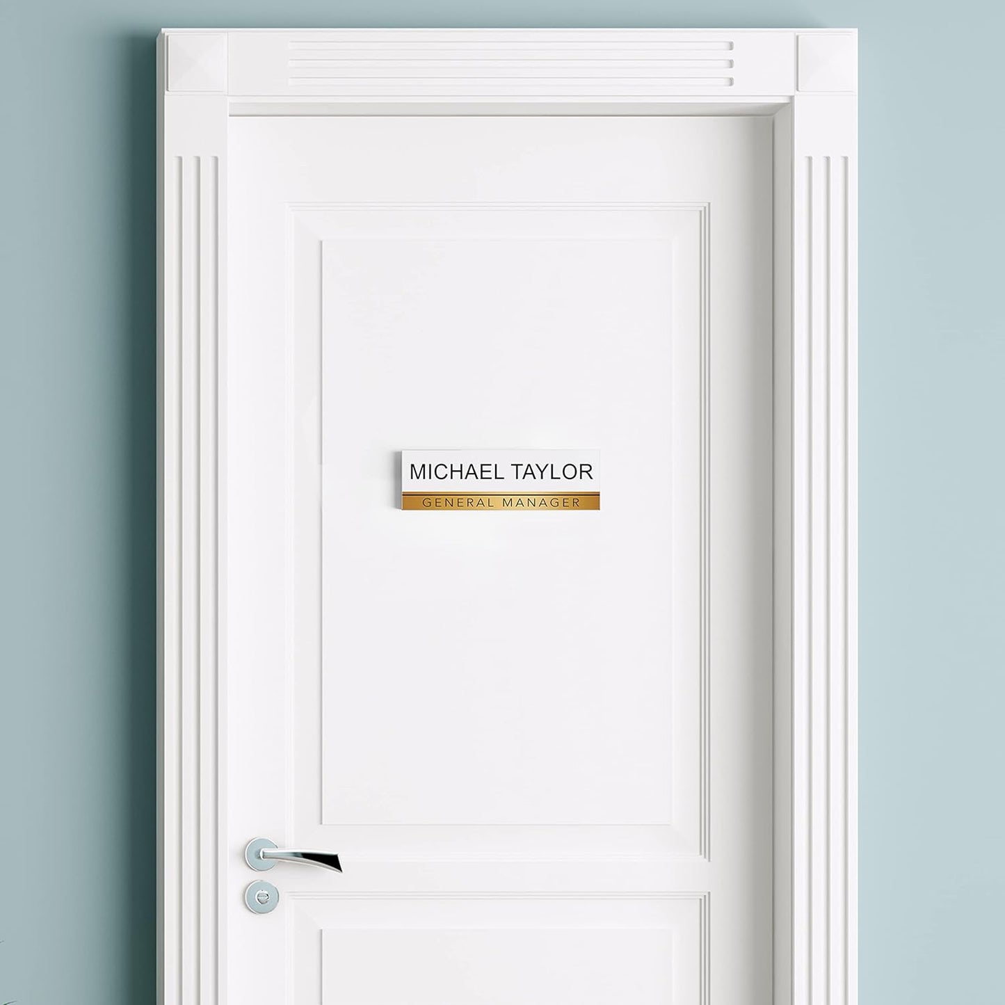 Artblox Personalized Office Desk Name Plate with Business Card Holder | Clear Acrylic Glass with Teak Wood Stand | Gold Stripe Design Customized with Your Name and Credentials Office Desk Décor