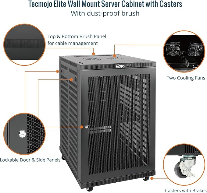 Tecmojo 18U Wall Mount Rack,18U Rack 17.7 Inch Depth,Hold Up to 176 Lbs,Server Rack with Casters,Enclosed Wall Mount Rack Kit for 19 Inch Network,Server and AV Gear,Mesh Door(Elite Collection)