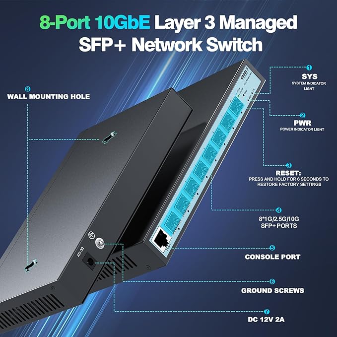 8 Port 10G L3 Managed Switch, 8X10G SFP+ Interface, Link Aggregation/QoS/VLAN/IGMP, Wall Mounted Fanless 10Gb SFP Network Switch（SFPPorts Only,Transceiver is NOT Included