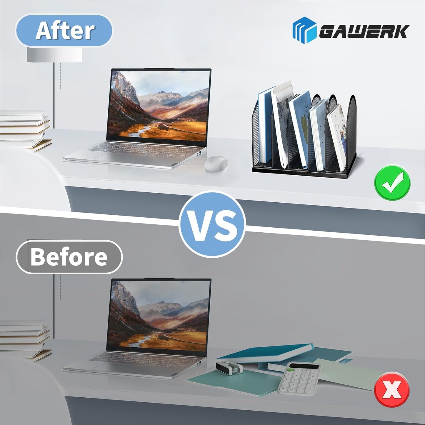 5-Section Vertical Desktop Organizer, 5-Section Mesh File Folder Stand Sorter for Office Home Classroom Organization (1, Blue)