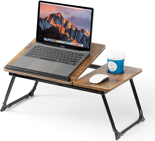 Laptop Desk for Bed Couch, Adjustable Foldable Bed Table with Cup Holder, Breakfast Serving Tray, Portable Laptop Lap Desk Stand for Working Reading Writing Eating Gaming in Bed Sofa Floor(RetroBrown)