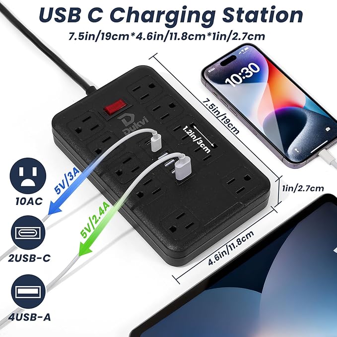 Surge Protector Power Strip with 10 Widely-Spaced Outlets & 6 USB(2USB C) Ports, 10ft Flat Plug Extension Cord Wall Mountable, Desktop Charging Stations for Home Office Bedroom Kitchen