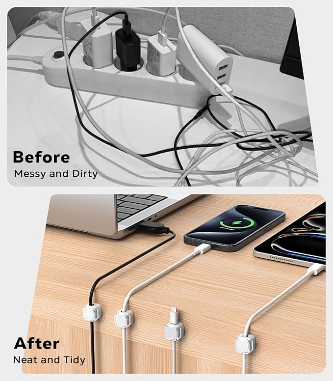 MoKo 6 Pack Magnetic Cable Clips, Under Desk Cable Management, Adhesive Magnetic Cord Holder, Magnetic Cord Organizer Wire Holder Keeper Organizer for Nightstand Desk Office Car Wall Glass, White