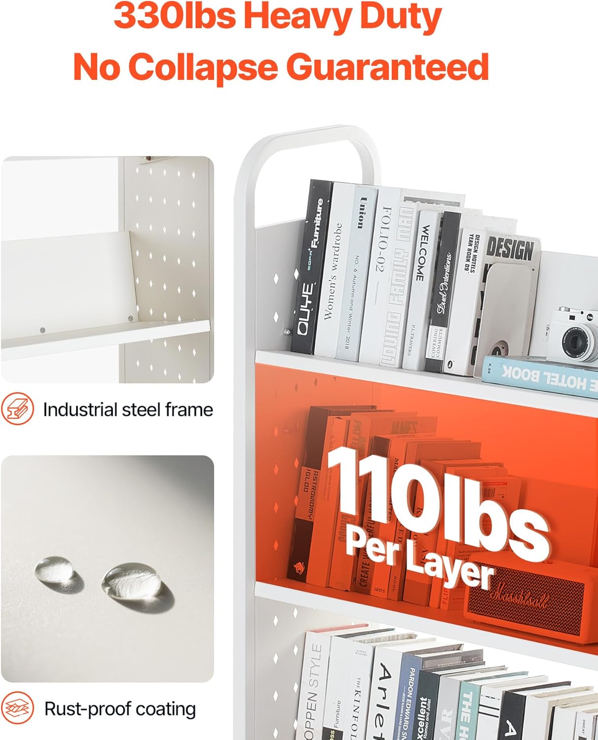 VEVOR Rolling Library Book Cart, 330 lbs Capacity, 30.3 x 15 x 48.0-Inch Library Cart, Single Sided V-Shaped Shelves with 3-Inch Lockable Wheels, Book Truck for Home Shelves Office and School, White