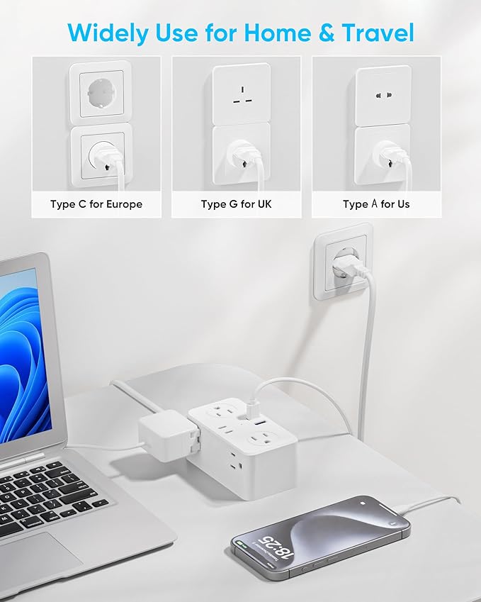 European Travel Plug Adapter, Type E F Plug Adapter, 6 AC Outlets, 4 USB Ports (2 USB C), 3ft Wrapped Around Extension Cord, for Germany France Travel