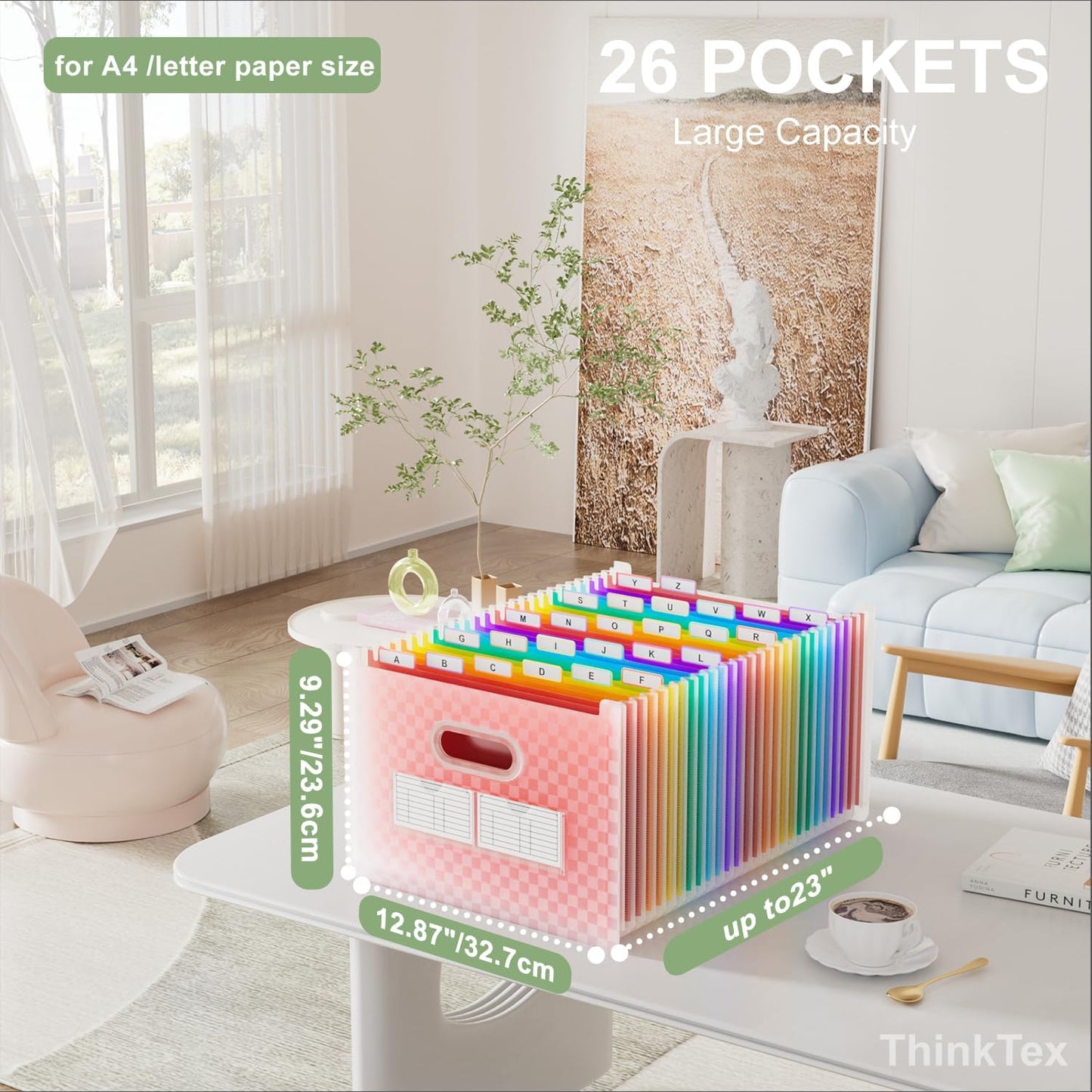 ThinkTex 26 Pockets Expanding File Folder, Upright & Open Top, A-Z Colorful Tabs, Larger Capacity Accordian Folder, Letter/A4 Size for School, Home and Office - Pink