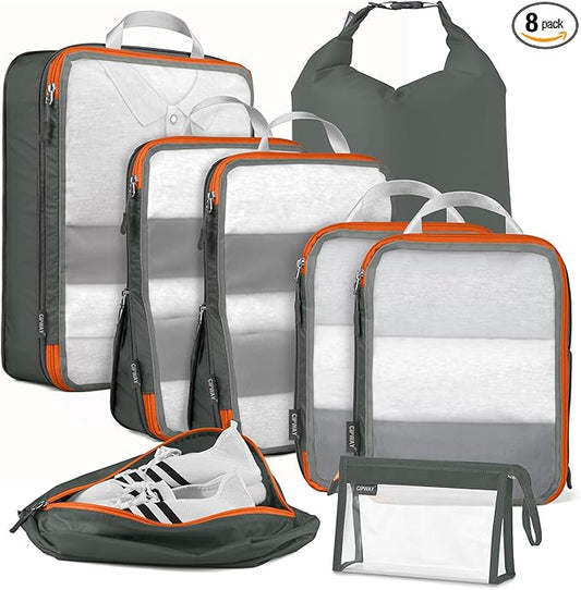 Cipway Compression Packing Cubes Mesh, Lightweight Luggage Organizer Bags with Laundry Bag, Toiletries Bag and Shoe Bag, Travel Essentials for Carry on Suitcase（8 Pcs,Grey）