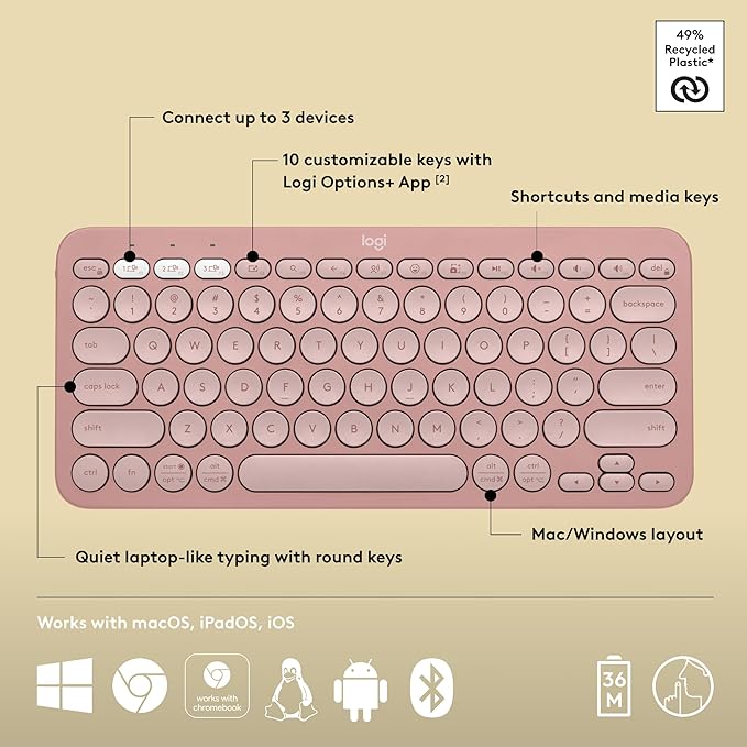Logitech Pebble Keys 2 K380s, Multi-Device Bluetooth Wireless Keyboard with Customizable Shortcuts, Slim and Portable, Easy-Switch for Windows, macOS, iPadOS, Android, Chrome OS - Tonal Rose