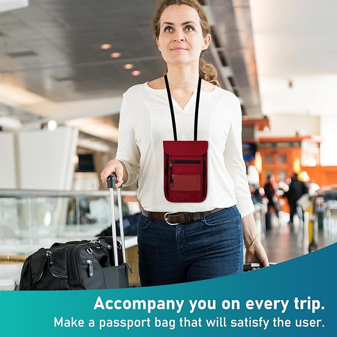 sundee Travel Neck Wallet with Double Zippers, RFID Blocking Passport Holder with Adjustable Neck Strap for Men and Women to Keep Cash, Credit Cards and Travel Documents Safe - Red
