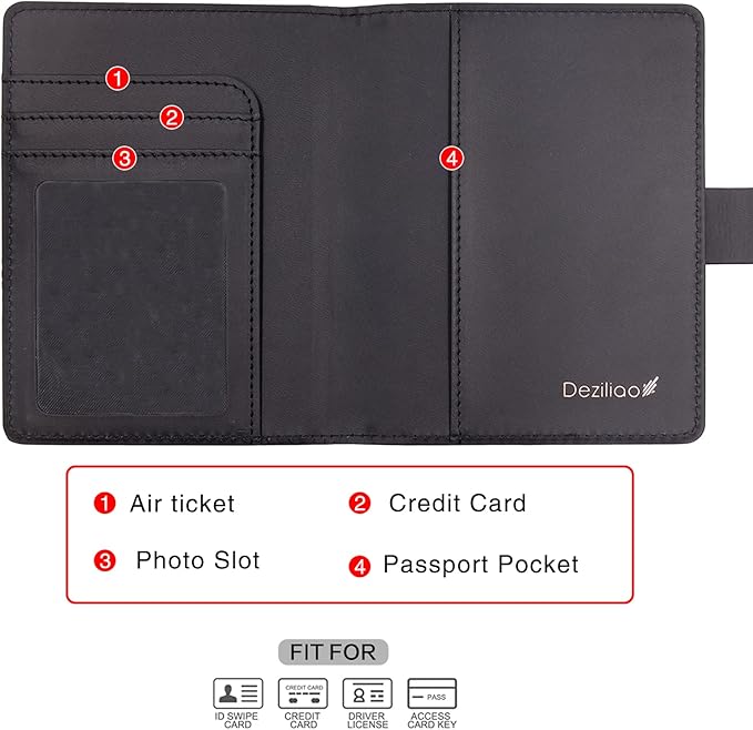 Deziliao Unisex Faux Leather Passport and Vaccine Card Holder, Black, Slim, Waterproof, Lightweight, RFID Blocking