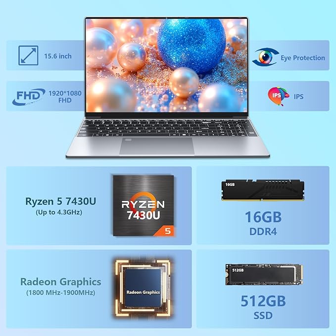 2025 Laptop with Ryzen 7430U Processor( 6C/12T,up to 4.3GHz) (Beat i7-1355U) , Laptop Computer Win 11 Pro, Traditional Laptops 16GB DDR4 512GB SSD 15.6"Full HD IPS Display 1MP Camera Type-C BT 5.0
