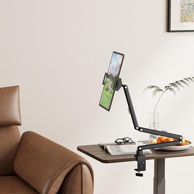 Tablet Stand Holder, Adjustable Foldable iPad Desk Mount Arm with 360°Rotate Base, Tablet Holder with Clamp iPad Stand for Desk, Compatible with Tablets, Phones or Other 4.7-15.6" Device