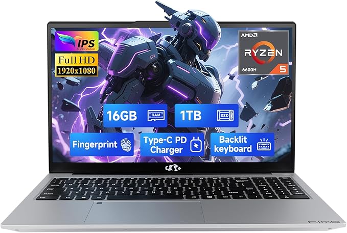 NIMO 15.6" IPS FHD-Gaming-Laptop, 6 Cores AMD Ryzen 5 6600H 16GB DDR5 RAM 1TB SSD (Beat i7-1165G7 up to 4.5GHz) 660M 6nm GPU-Computer with 100W Type-C Backlit Keyboard, Fingerprint