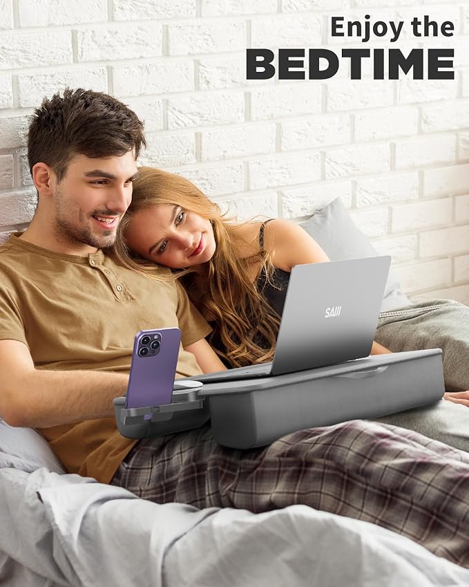 SAIJI Lap Desk with Cushion, Computer Laptop Stand, Lap Laptop Table, Built-in Drawer Storage, Phone Holder, Wrist Pad