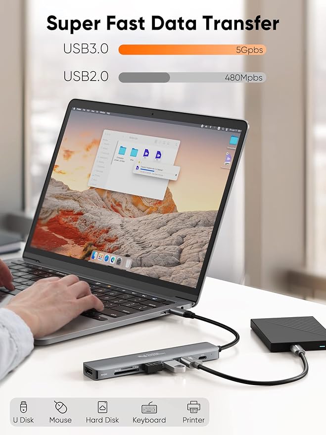 USB C Hub Multiport Adapter, CableCreation 7-in-1 USB C HDMI Hub with 4K 30Hz HDMI, 100W PD, 3 USB 3.0 5Gbps Data Ports, SD/TF Cards Reader for MacBook Pro/Air, iPad Pro, Pixelbook, XPS