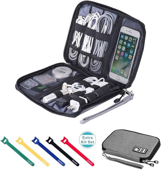 Travel Cable Organizer Bag Waterproof Portable Electronic Accessories Organizer for USB Cable Cord Phone Charger Headset Wire SD Card with 5pcs Cable Ties(Grey)