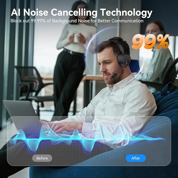 LEVN Bluetooth Headset with Microphone, 60 Hrs Working Time Dual Connection Bluetooth Headphones with Mic, Wireless Headset with Mic for Work/Video Meetings/Phone/Call Center/PC/Music/Zoom/Teams