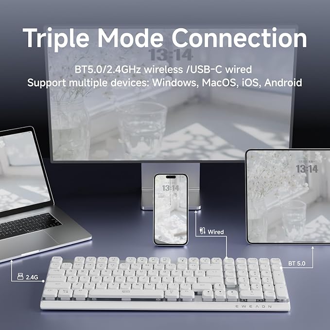 EWEADN MK100 Wireless Low Profile Mechanical Keyboard, Bluetooth/2.4GHz/USB-C Wired with White Backlight Quiet Mechanical Keyboards Wireless, Full-size keyboard for Game/Office, Windows, Mac, White
