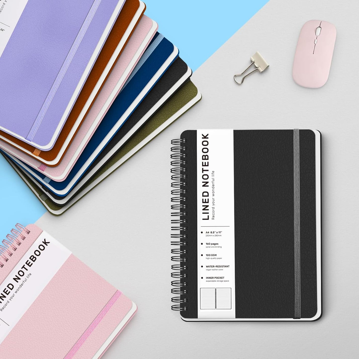 Lined Spiral Journal Notebook, A4 Hardcover Leather Notebook for Work, 8.5''×11'', 100GSM Thick Paper Spiral Bound Journaling Notebooks for Women & Men Office School Note Taking Business, Black