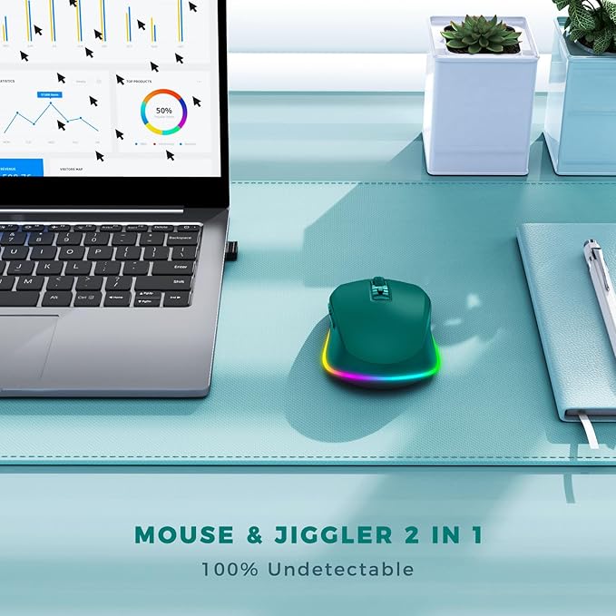 PEIOUS Wireless Mouse Jiggler - LED Wireless Mice with Build-in Mouse Mover, Rechargeable Moving Mouse for Laptop with Undetectable Random Movement Keeps Computers Awake - Dark Green