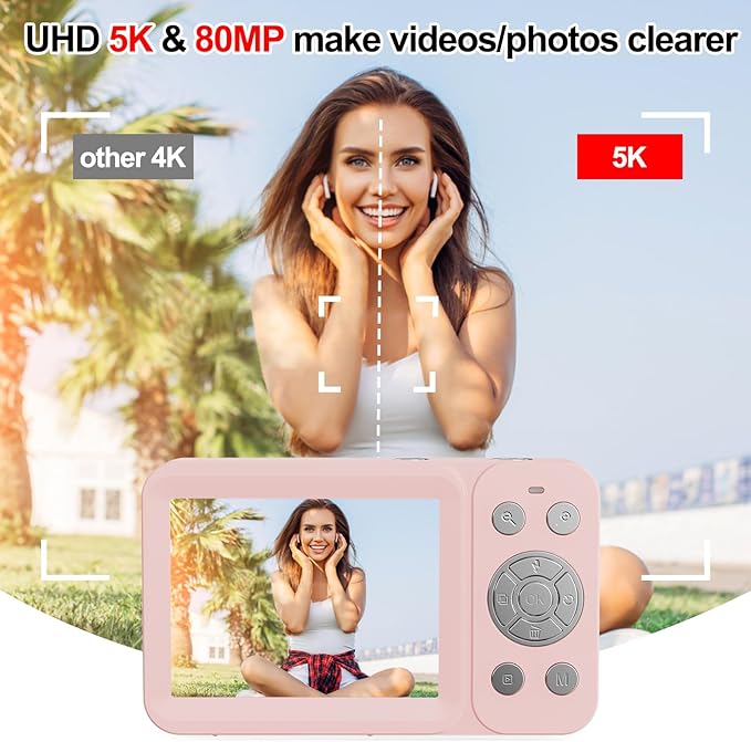 Upgraded 5K Dual Screen Digital Camera,80MP Vlog Photography Camera for YouTube,Campus,Travel,Compact Point & Shoot Camera for Teens & Beginners with Autofocus,18x Zoom,Anti-Shake,Pink