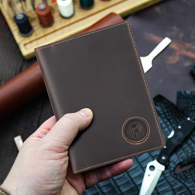 Polare Slim RFID Blocking Leather Passport Holder Travel Bifold Wallet For Men (Dark Brown with AirTag Holder)