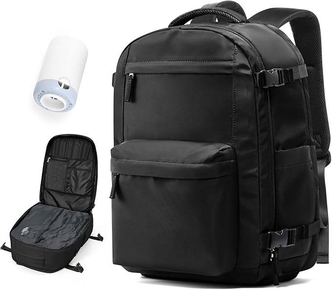 Vacuum Travel Backpack with Pump for Women, Personal Item Carry on Backpacks Flight Approved for Men,Laptop Waterproof Work Compression bags Casual Daypack Black..