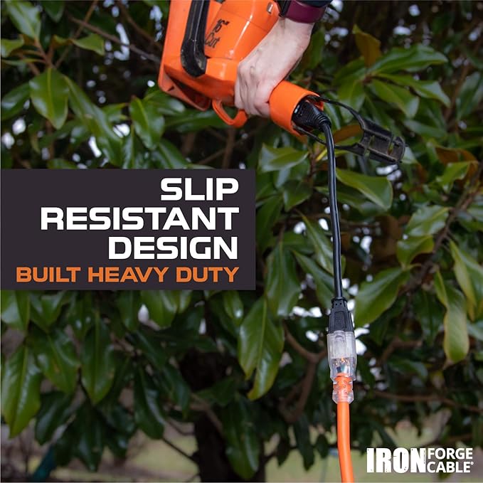 IRON FORGE CABLE 50 Ft Orange Extension Cord - 12/3 SJTW Heavy Duty Lighted Outdoor Extension Cable with 3 Prong Grounded Plug for Safety, 15 AMP - Great for Garden & Major Appliances