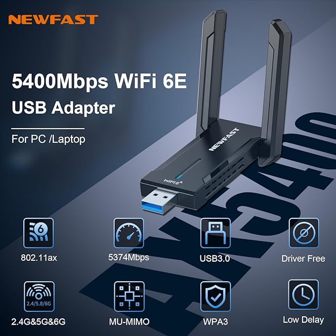 NEWFAST AXE5400 USB WiFi Adapter for Desktop PC NF-U353, Tri-Band Wireless Network Adapter for Laptop, USB 3.0 WiFi Adapter for PC,New 6GHz Band,MU-MIMO,OFDMA,WPA3,WiFi 6E Dongle for Windows 11/10
