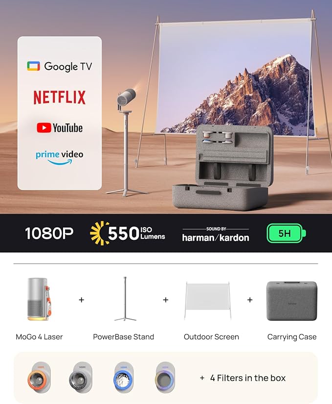 XGIMI MoGo 4 Laser Projector Collection, 550 ISO Lumens, Google TV , Official Netflix, 5h Battery Life – All-in-One Home & Outdoor Cinema Kit with PowerBase Stand, 70" Screen, 4 Filters& Carry Case