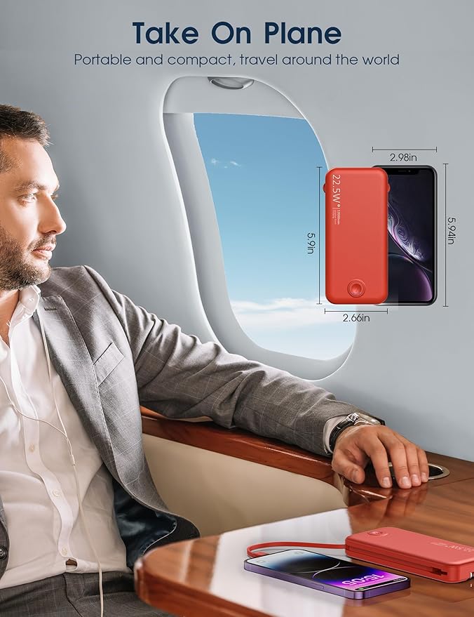 Portable Charger with Built in Cable and AC Wall Plug, USB C Power Bank 12000mAh 22.5W Super Fast Charging, Lightweight Portable Phone Charger Travel Battery Pack for iPhone, Samsung, Tablets (Red)