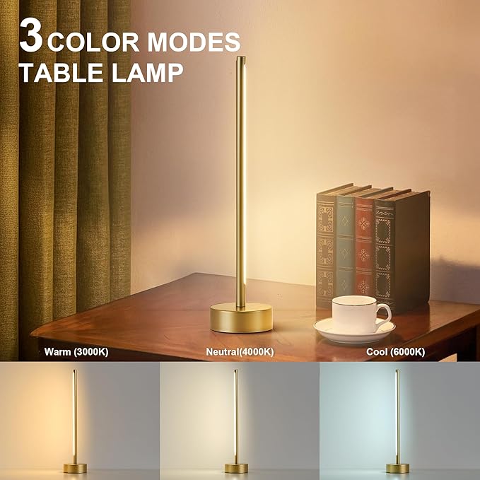Cordless LED Table Lamp Set of Two, Battery Operated Portable Desk Lamp,Dimmable/3 Color/Memory Function,Modern Rechargeable Table Light for Living Room,Bedroom,Bedside,Gold, 2 Pack