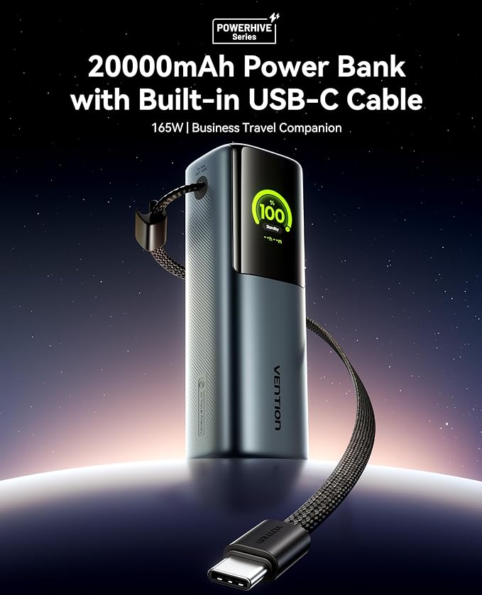 VENTION Powerhive Laptop Power Bank Fast Charging, 165W 20000mAh Portable Travel Charger, Digital Display & Emoji Animation, Integrated USB-C Cable for MacBook/iPhone 16/Galaxy S25 Ultra/Dell/HP