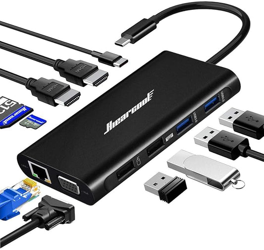 Hiearcool USB C Laptop Docking Station, 11-in-1 Type C Hub Multiport Adapter Dongle, USB C Dock with Dual HDMI VGA 100W PD Charging Gigabit Ethernet for Dell HP Lenovo Windows Laptops