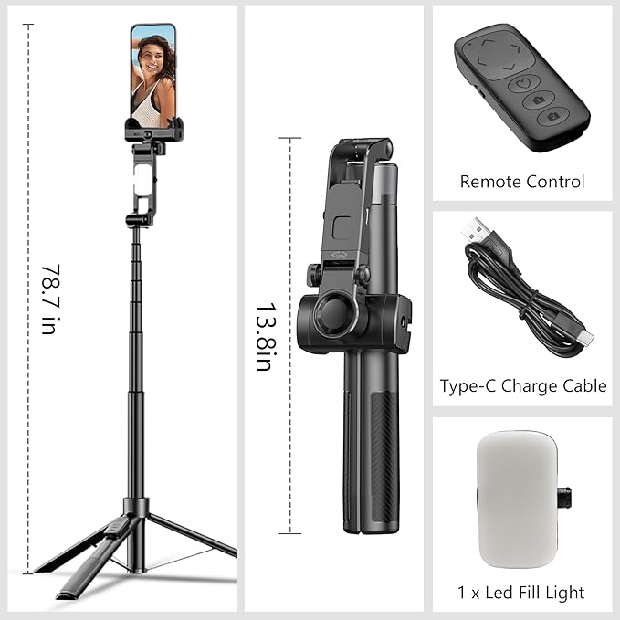 71" Selfie Stick Tripod for iPhone/Android, Auto Face Tracking Tripods with Light, Upgrade Strong Gimbal Stabilizer 360 Rotation with Remote for Content Creator Vlog Live StreamIing Video Record