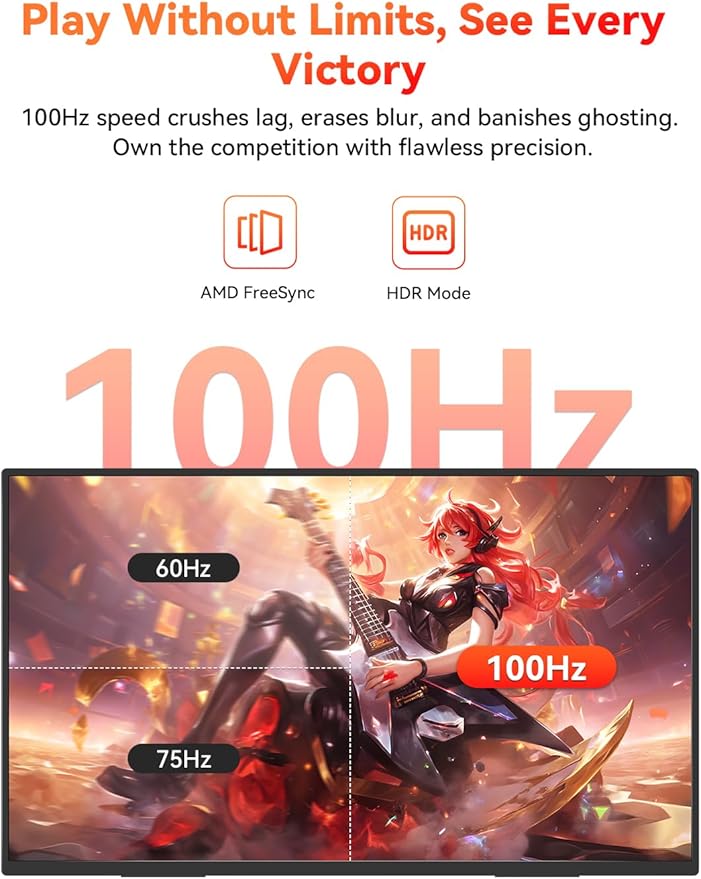 HotYeah 23.8" 100Hz Portable Monitor, 1080P FHD 100% sRGB IPS USB-C HDMI Large External Monitor, Home Gaming 2nd Screen w/180° Adjustable Kickstand for MacBook, Laptop, PC, Phone, Tablet, Switch, PS5