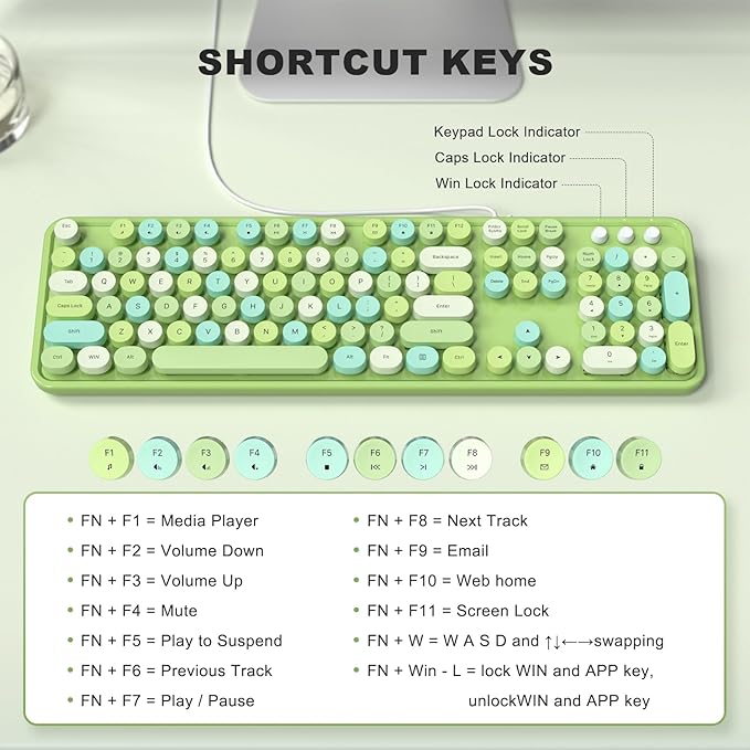 Colorful Computer Keyboards Wired, USB Plug and Play Full Size Typewriter Keyboard, Cute Aesthetic Keyboard with Foldable Stands for Windows PC Laptop (Green)