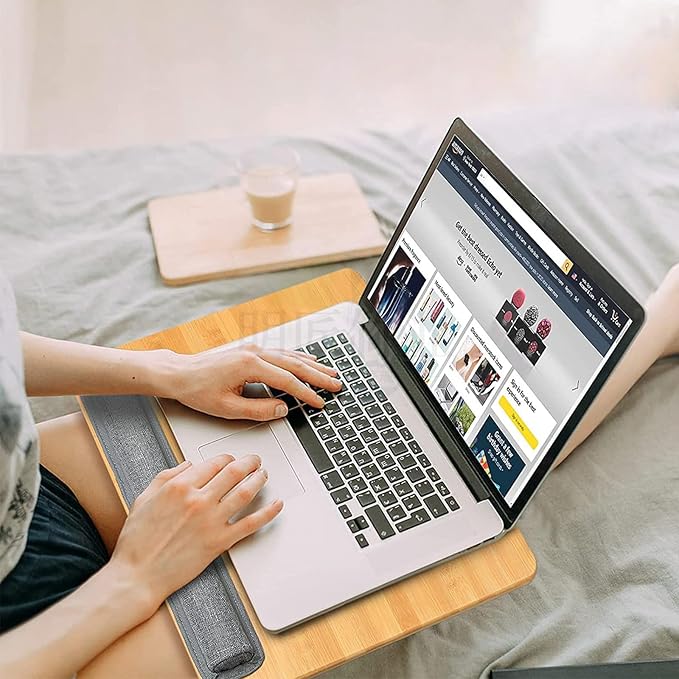 Lap Desk for Laptop with Cushion, Bamboo Laptop Stand with Anti-Slip Strip Tablet Phone Holder, Fits up to 15.6 inch Portable Computer Lap Desk for Couch, Bed & Car