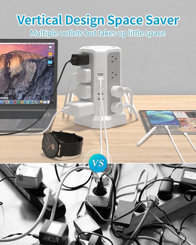 Surge Protector Power Strip Tower with USB Ports, Fararaka 10 FT Extension Cord with 16 Multiple Outlets and 5 USB Ports, Flat Plug Charging Station for Home, Office, Dorm Room