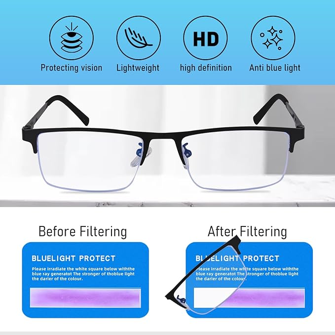 Blue Light Blocking Glasses, Lightweight Metal Half Frame Computer Reading/Gaming/TV/Phones Glasses,Filter UV Ray/Computer Glare with Spring Hinge Eyeglasses(Black+Gray)