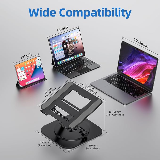 Laptop Stand for Desk, Ergonomic Laptop Riser with 360° Rotating Base, Foldable Notebook Computer Holder Stand Compatible with MacBook Air Pro, Dell XPS, More 10-17" Laptops, Black