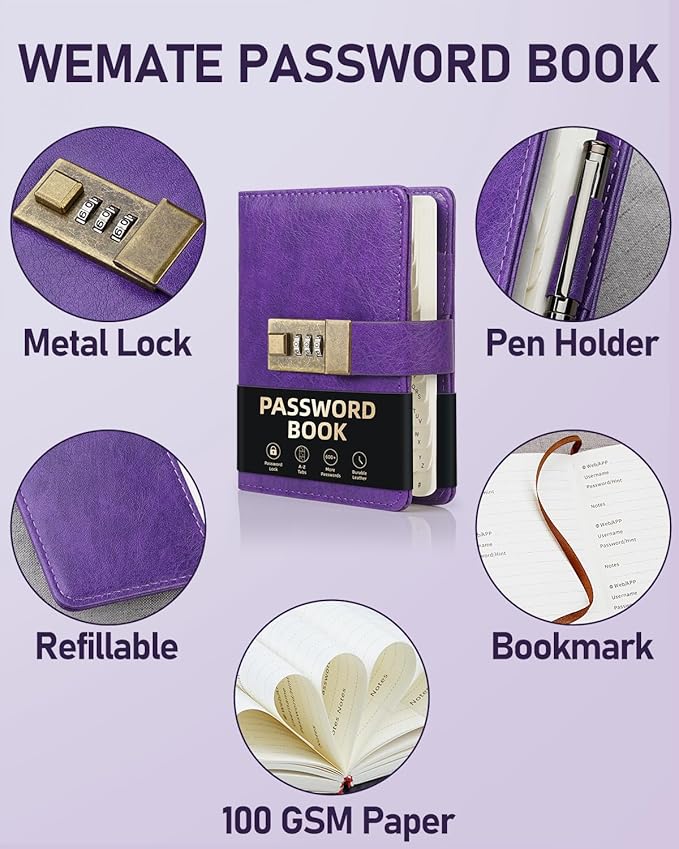 WEMATE Password Book with Lock with Alphabetical Tabs 600+ Password Space,Password Organizer Logbook with Lock, Password Keeper for Computer 4.33 X 6.18 Inch Purple