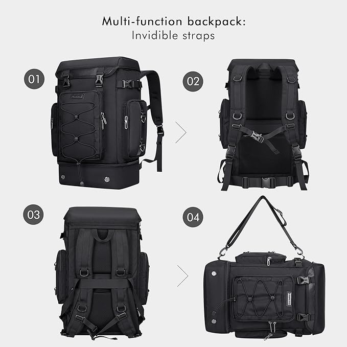 WITZMAN Travel Backpack for Men Women Carry on Bags for Airline Approved Convertible Duffle Luggage Backpack Shoe Compartment (B691 Classic Black)