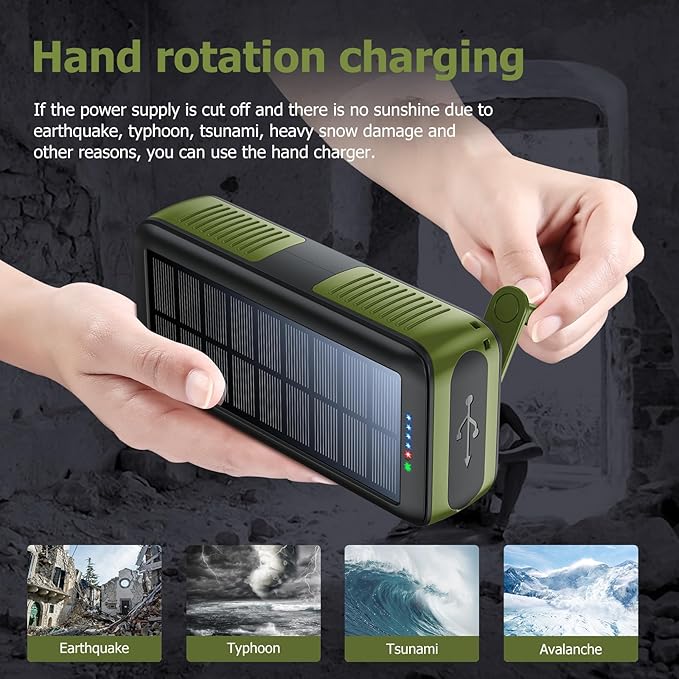 Solar Charger Power Bank 63200mAh, Portable Charger with Dual Outputs & Dual Inputs 4 LEDs Flashlight, Hand Crank Power Bank Fast Charging Battery Pack for Outdoor Camping Survival Gear (army green)