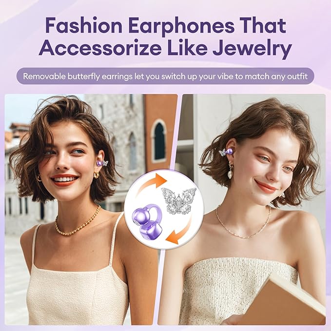 PAXA Bling Open Ear Clip On Earbuds with LED Display & Crystal Butterfly Earrings, Comfort Bluetooth 5.4 Wireless Ear Buds 50H Playtime for Women Girl Work, Fitness, Daily Wear, Gift, Purple