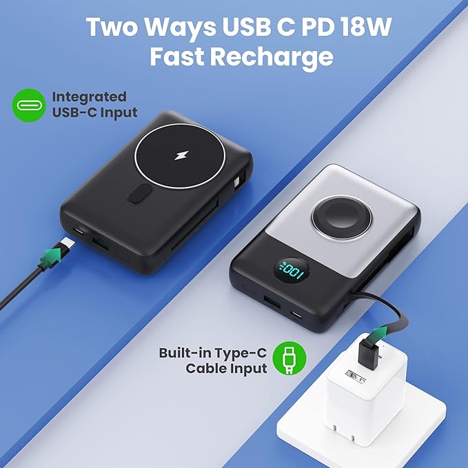 Magnetic Portable Charger 10800mAh for iPhone with Built-in Cables, 6-in-1 Wireless Power Bank with iWatch Charger, LCD Display 25W PD Fast Charging Battery Pack for iPhone 16/15/14/13/12, Apple Watch