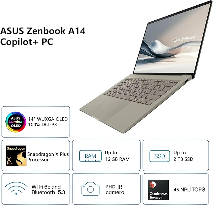ASUS Zenbook A14 Copilot+ AI PC Laptop | 14" WUXGA OLED (100% DCI-P3) | Qualcomm Snapdragon X Plus (Up to 45 Tops) | 16GB RAM 1TB SSD | for Creator Business Professional Win11 w/DLCA Accessory