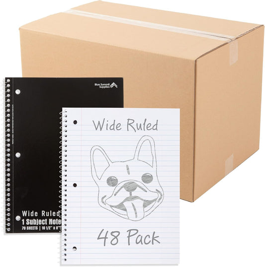 Blue Summit Black Wide Ruled Spiral Notebooks Bulk, 1 Subject Spiral Notebook Wide Ruled, Paper School Bulk Notebooks, 48 Pack